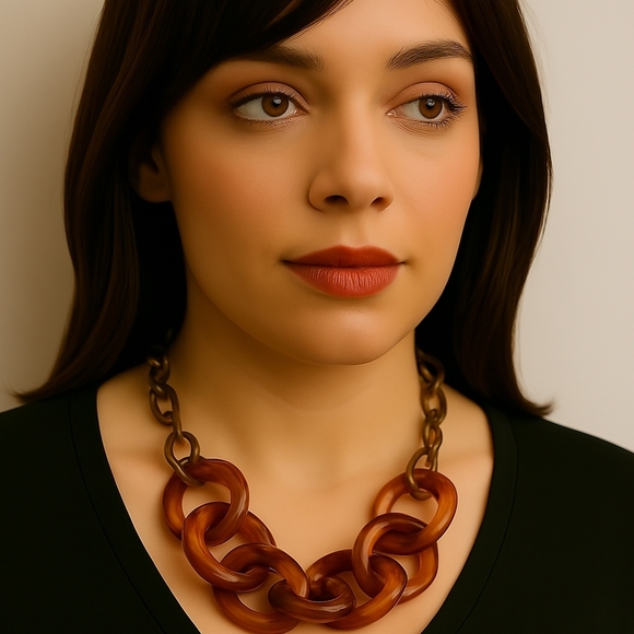 Old Gold tone Interlocked Plastic Hoops Statement Long Necklace - Women Jewelry - Picture 1 of 5